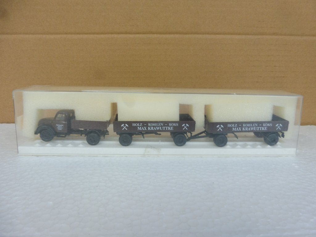 1:87 Brekina 4259 Magirus 4500 + 2 aanhangers Max Hout Kolen, Enlèvement ou Envoi, Comme neuf, Bus ou Camion, Brekina