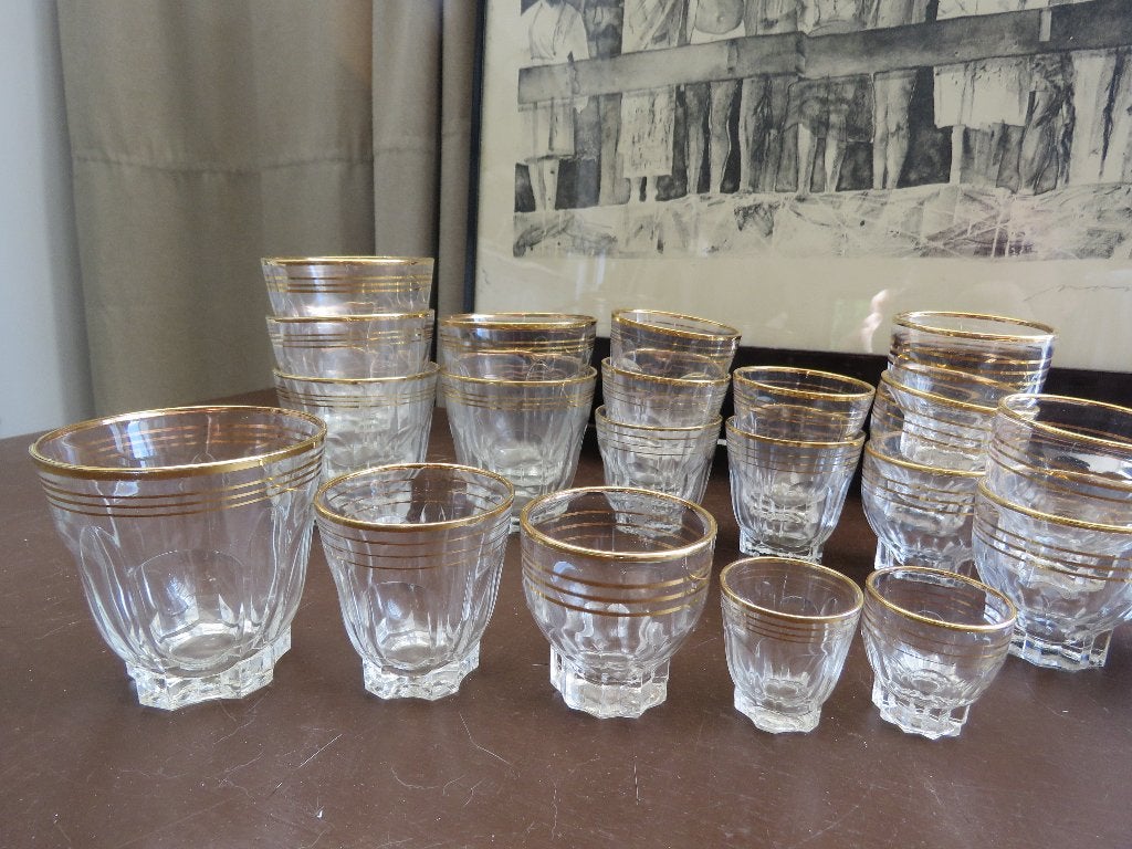 Set glazen gouden rand Hollywood Regency 30 delig, Antiek en Kunst, Ophalen of Verzenden
