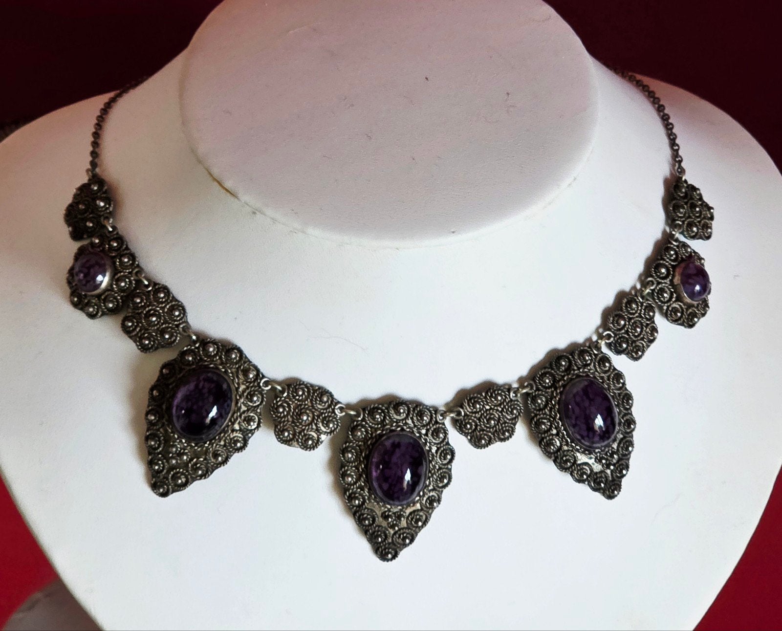 Antieke zilveren filigraan collier, Handtassen en Accessoires, Ophalen of Verzenden, Zilver, Zilver