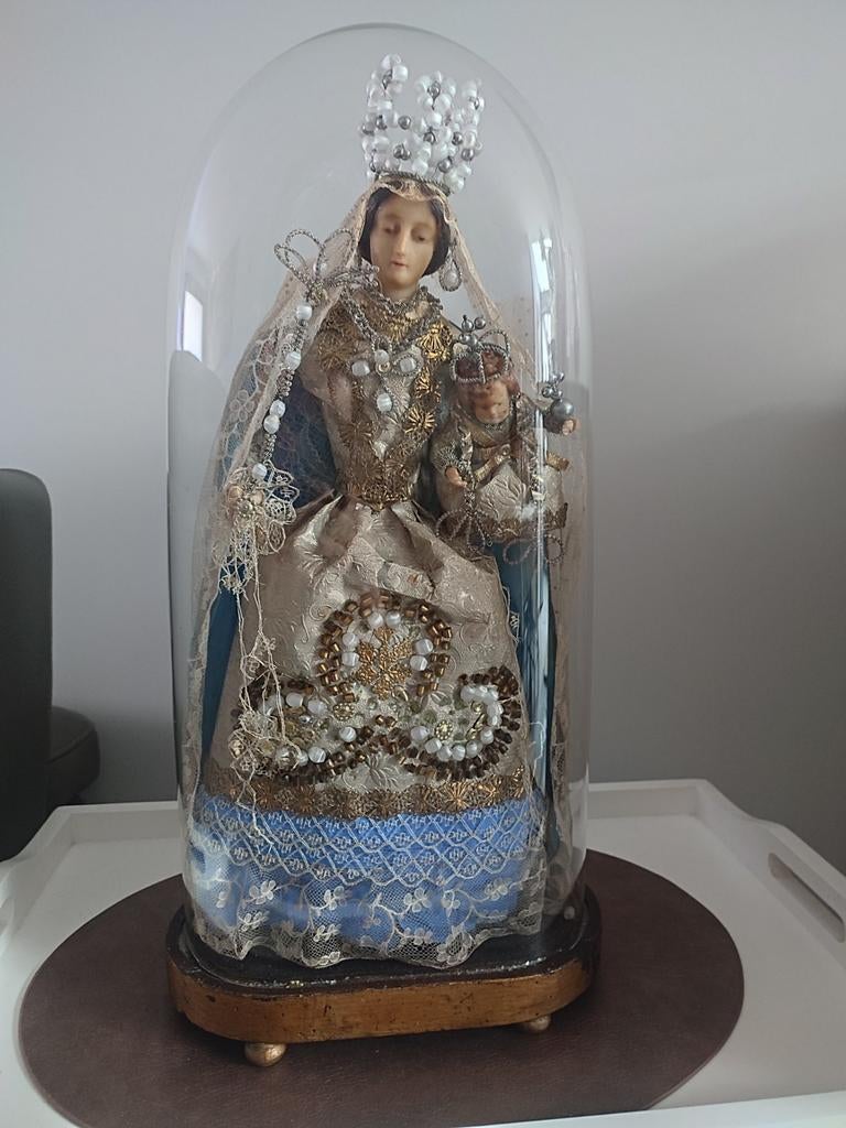 Een Antiek wassen Madonna met kind onder stolp, Huis en Inrichting, Ophalen of Verzenden, Zo goed als nieuw