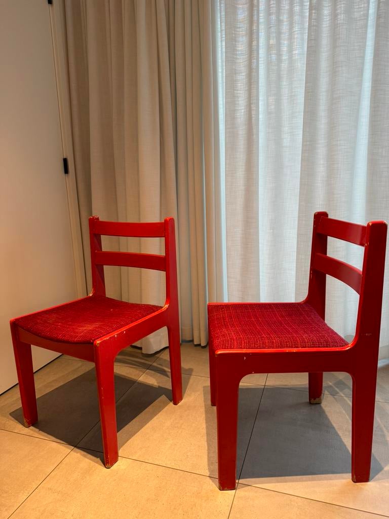 Stoelen 1970, Belgisch atelier, 6 stuks, Huis en Inrichting, Gebruikt, Ophalen of Verzenden, Vijf, Zes of meer stoelen, Retro