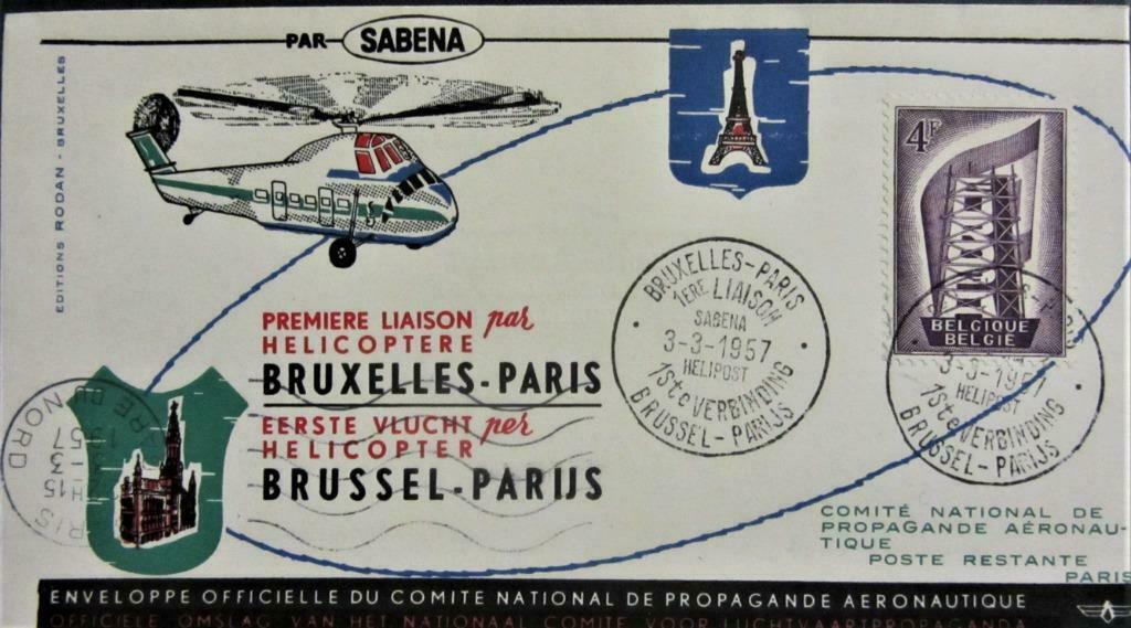 FDC- BELGIË- SABENA- 1e HELICOPTERVLUCHT BRUSSEL-PARIJS, Enlèvement ou Envoi, Affranchi, Avions