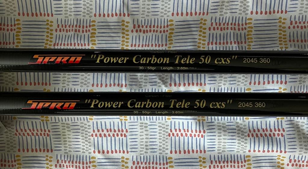 2 stuks Spro power carbon tele 50 cxs 3,60mtr 30-50gr, Ophalen, Gebruikt, Werphengel
