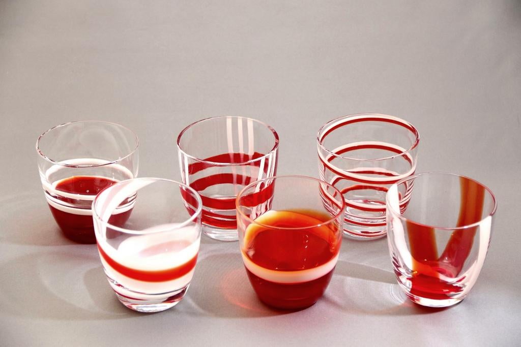 6 verres Murano Guzzini années 70  rouge spirale, Antiek en Kunst, Ophalen