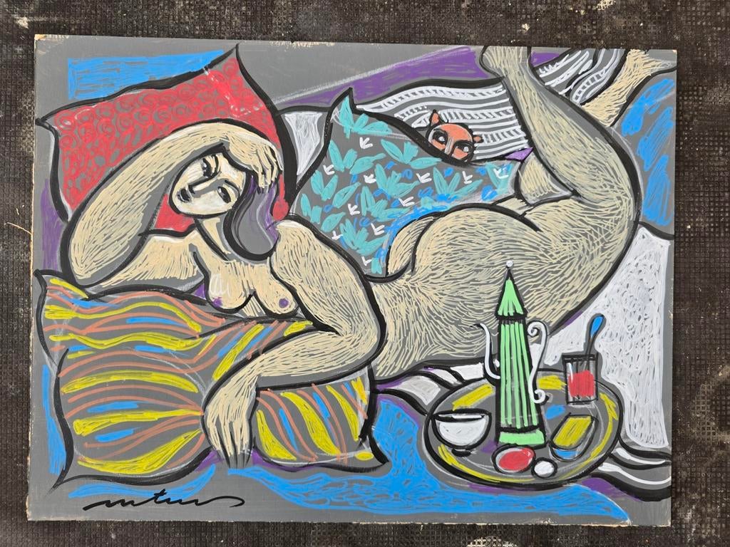 Olieverf op paneel naakte liggende vrouw, Antiek en Kunst, Ophalen