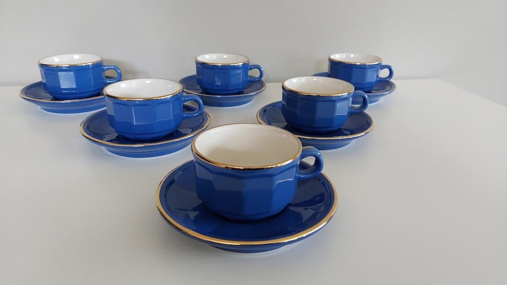 6 nieuwe blauwe Revol Apilco style kopjes en 6 schoteltjes, Antiek en Kunst, Ophalen of Verzenden