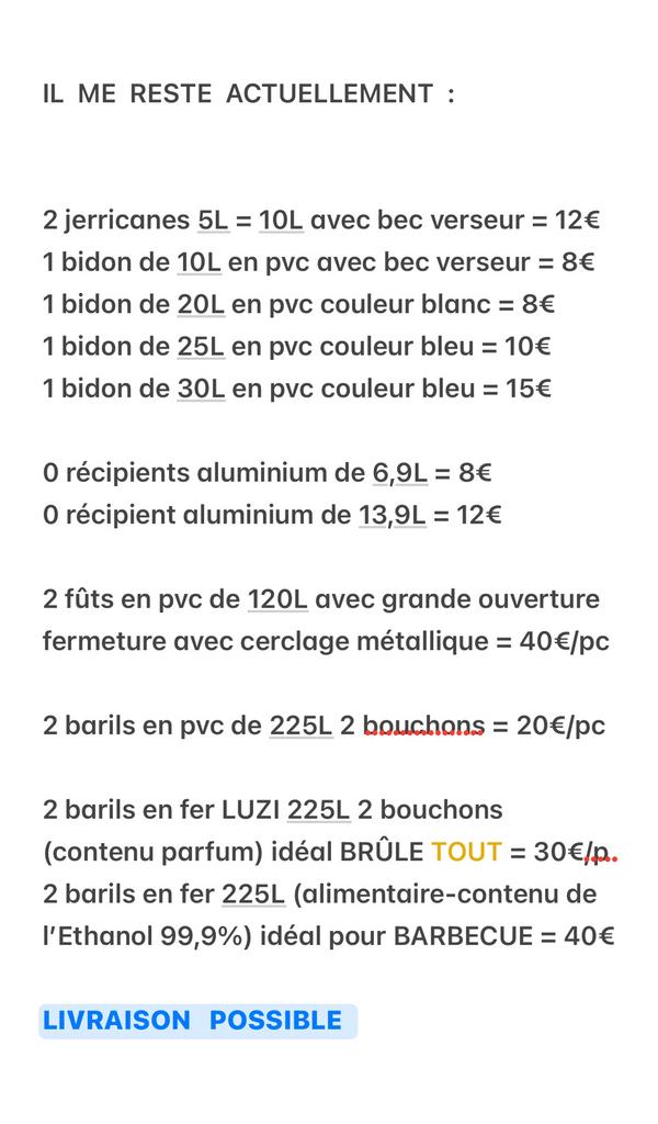 Baril fer 225L x 4 = 30€/pc + Bidon 5L-10L avec bec verseur, Enlèvement ou Envoi, Comme neuf
