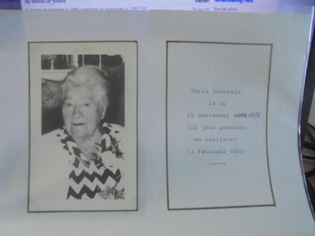 dp Maria Donckele - 102 jarige, Verzamelen, Ophalen of Verzenden, Bidprentje
