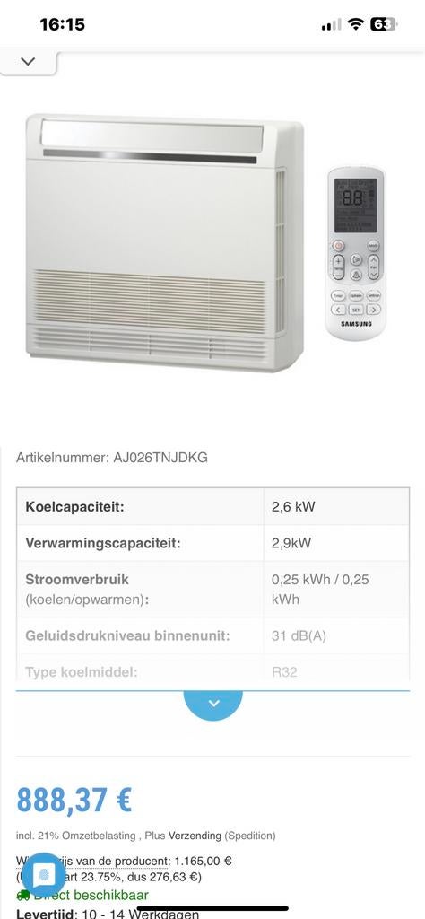 Airco Samsung binnenunit., Elektronische apparatuur, Airco's, Ophalen, Nieuw, Afstandsbediening