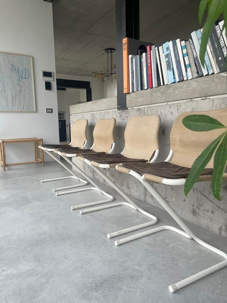 Vintage stoelen beige canvas - bruin lederen kussen, Enlèvement, Utilisé, Métal, Retro vintage bauhaus