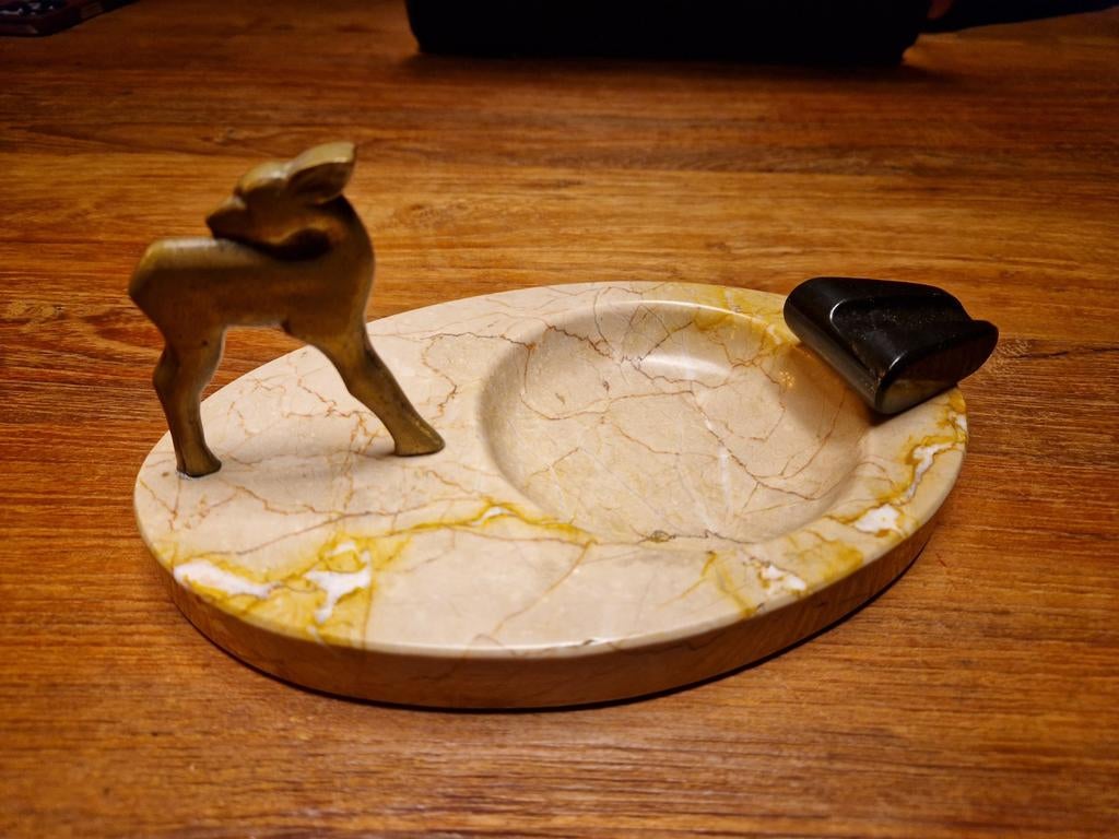 Art deco marmer asbak met messing beeldje hert bambi, Verzamelen, Ophalen of Verzenden