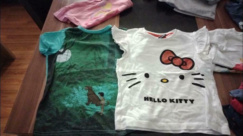 Lot de 2 t-shirt livre de la jungle et kitty 3-4 ans, Enlèvement ou Envoi, Comme neuf, Fille, Chemise ou À manches longues