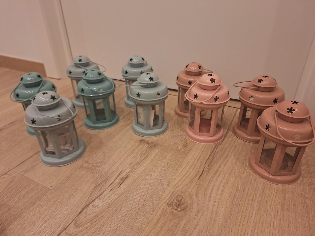 10 roze en babyblauwe kleine lantaarntjes, Ophalen, Zo goed als nieuw