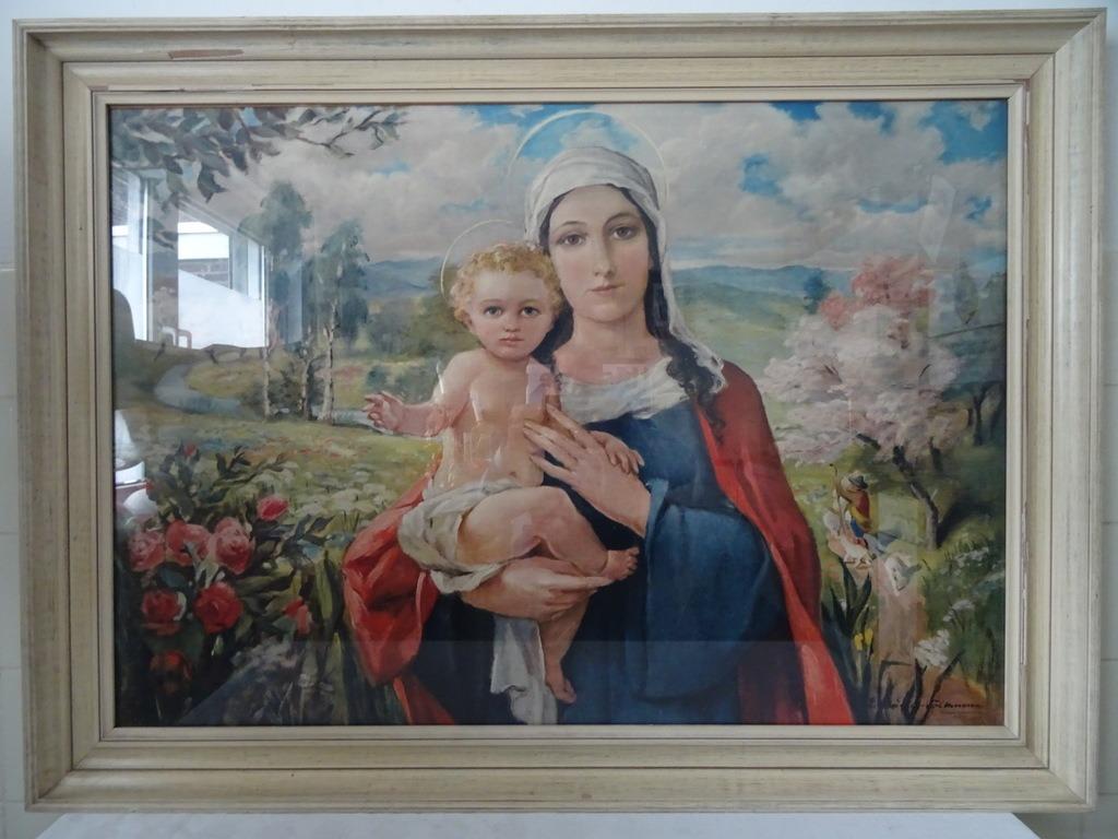 Immense lithographie imprimée ancienne Madone avec enfant, Enlèvement