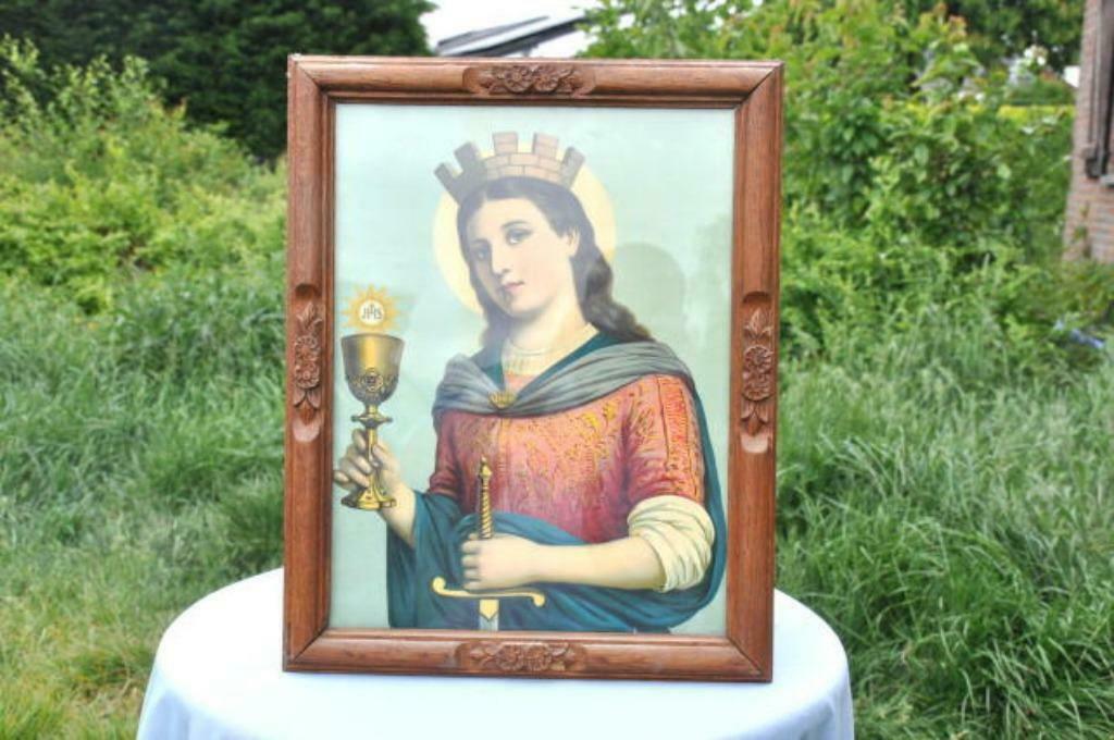 §  cadre religieux chêne sculpté avec chromo sainte barbe, Antiquités & Art, Enlèvement ou Envoi