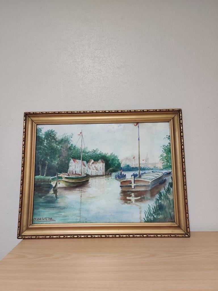 Schilderij waterverf "Schelde in Wetteren", M.De Wilde, Antiek en Kunst, Ophalen