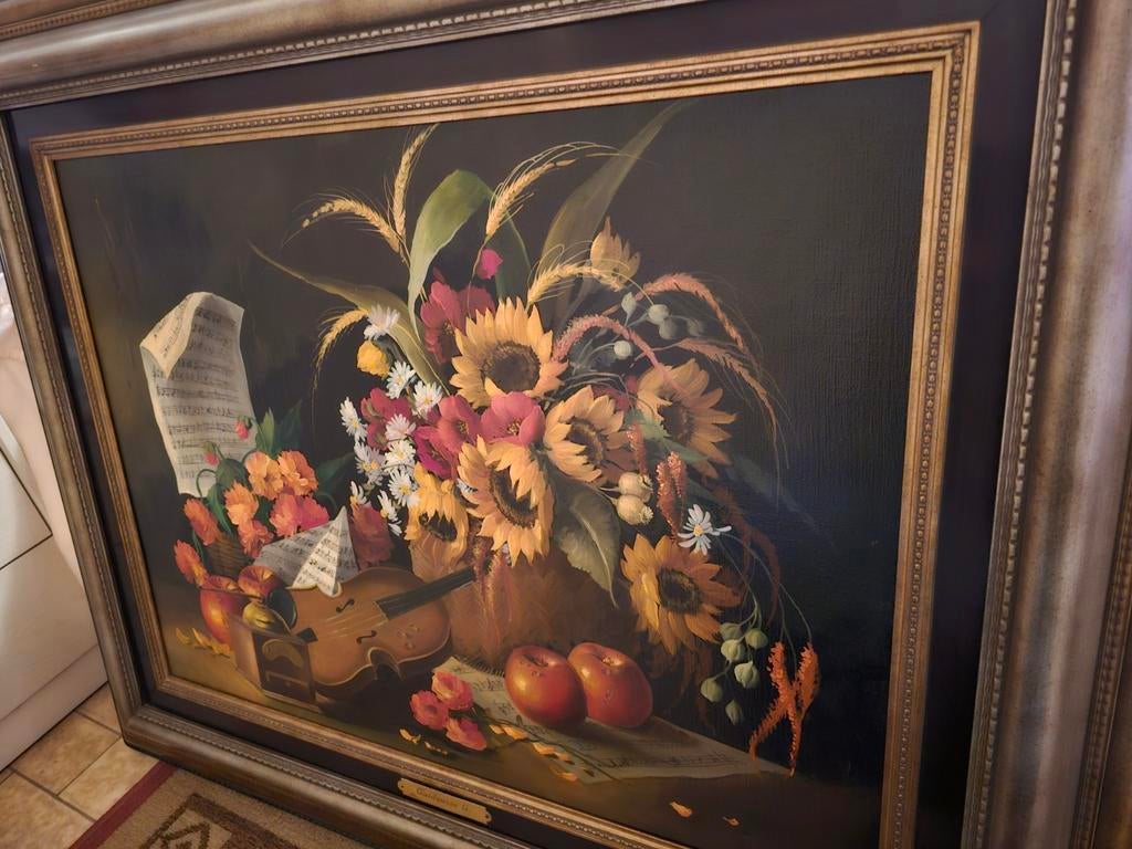 Kunstschilder Gaston Quidousse harmonisch boeket  met oorkon, Ophalen of Verzenden