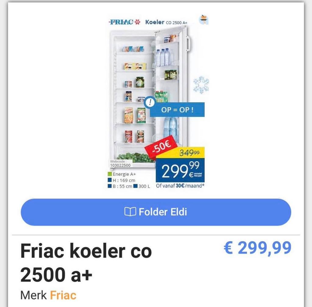 Koelkast friac, Elektronische apparatuur, Koelkasten en IJskasten, Ophalen