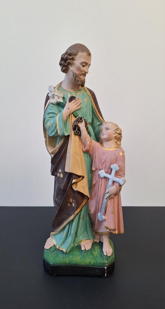 Belle statue polychrome de Saint Joseph et Jésus en plâtre, Enlèvement ou Envoi