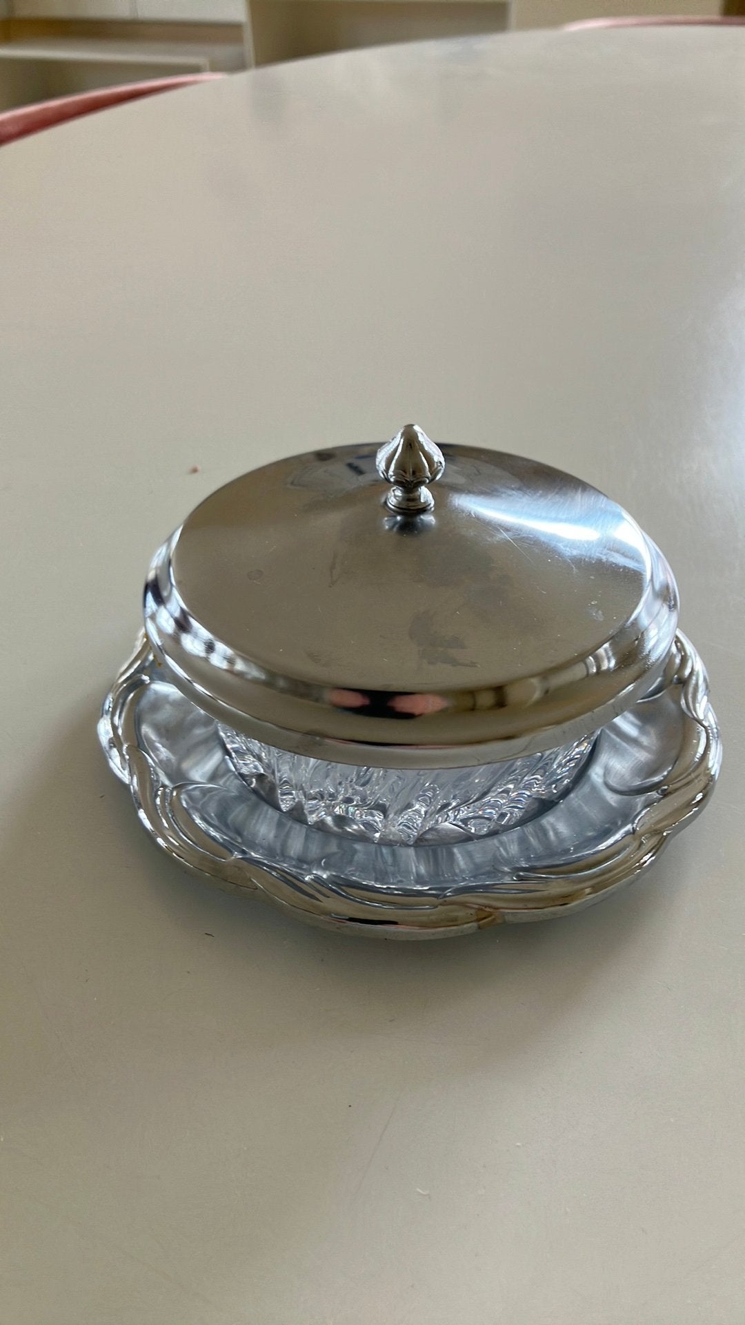 Boterpotje inox en glas 3 delig vintage, Antiek en Kunst, Antiek | Zilver en Goud, Ophalen of Verzenden