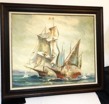 Peinture Bataille navale huile sur toile 62 x 72👀🔥🤩🎁🤗👌, Enlèvement ou Envoi, Peinture à l'huile, Maritime / eau, Toile