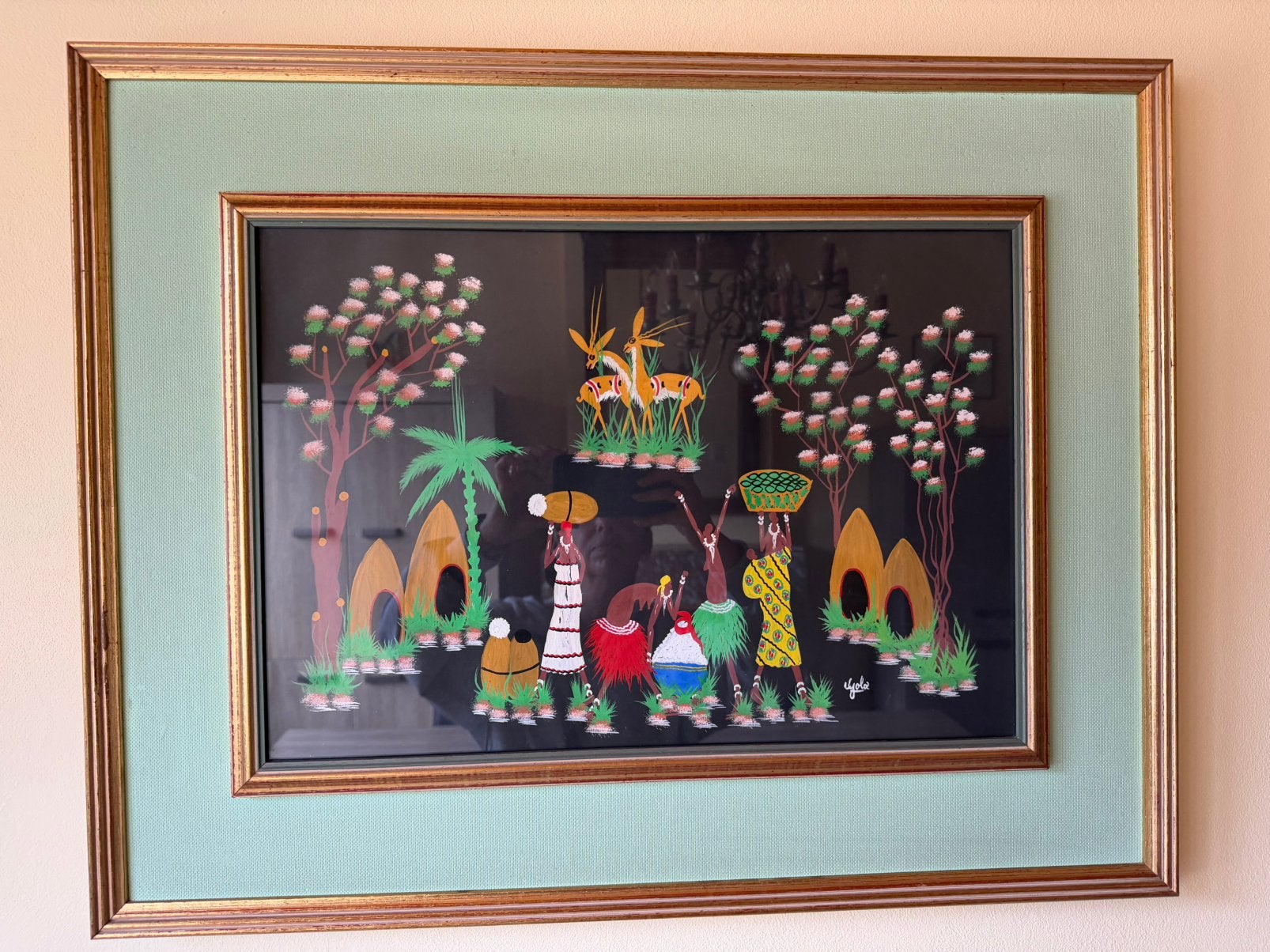 Schilderij uit zuid afrika 1970, Antiquités & Art, Encadré, Autres techniques, Enlèvement, Animaux