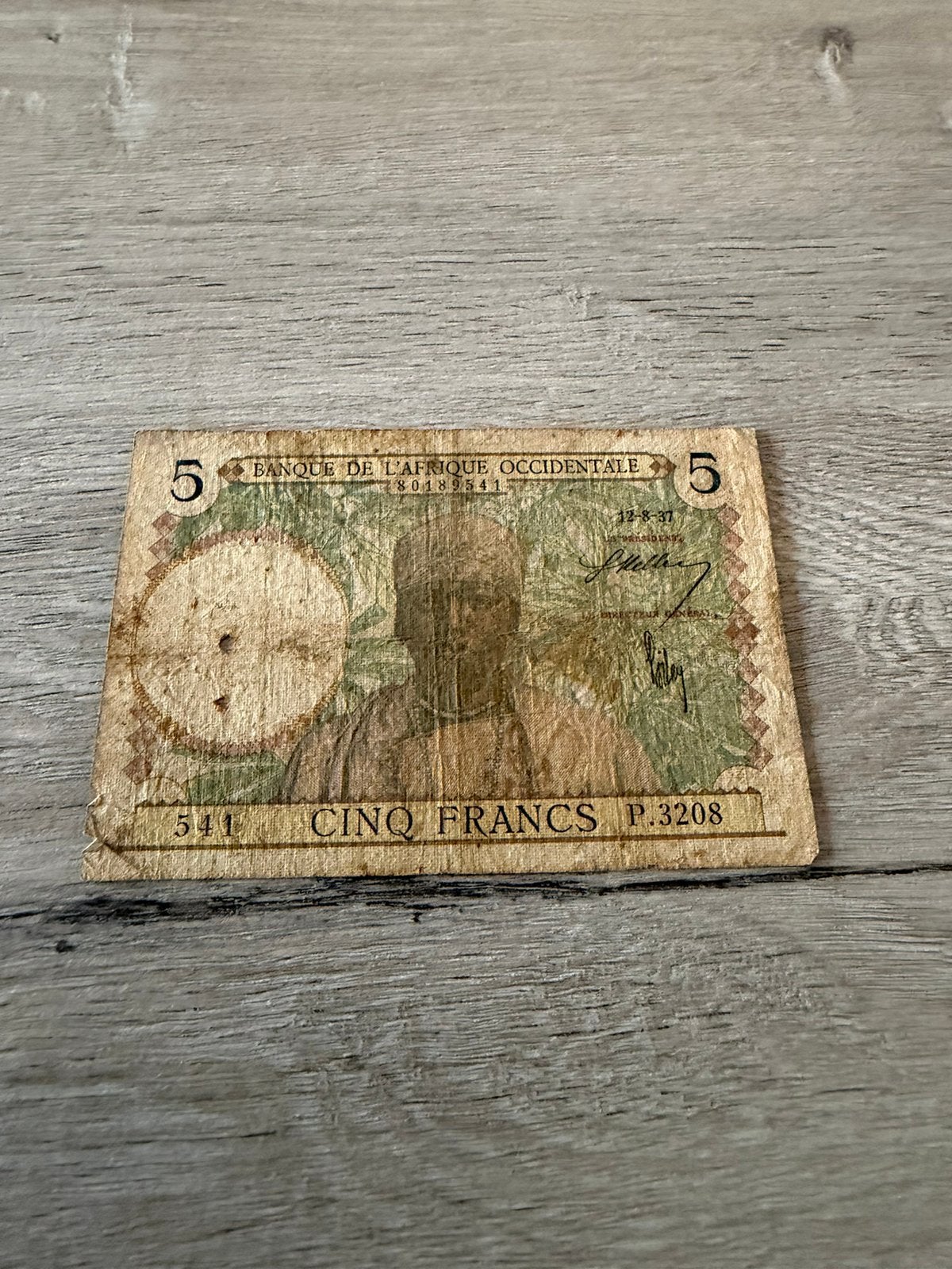 Billet ancien de 5 francs Afrique 1937, Timbres & Monnaies, Enlèvement ou Envoi