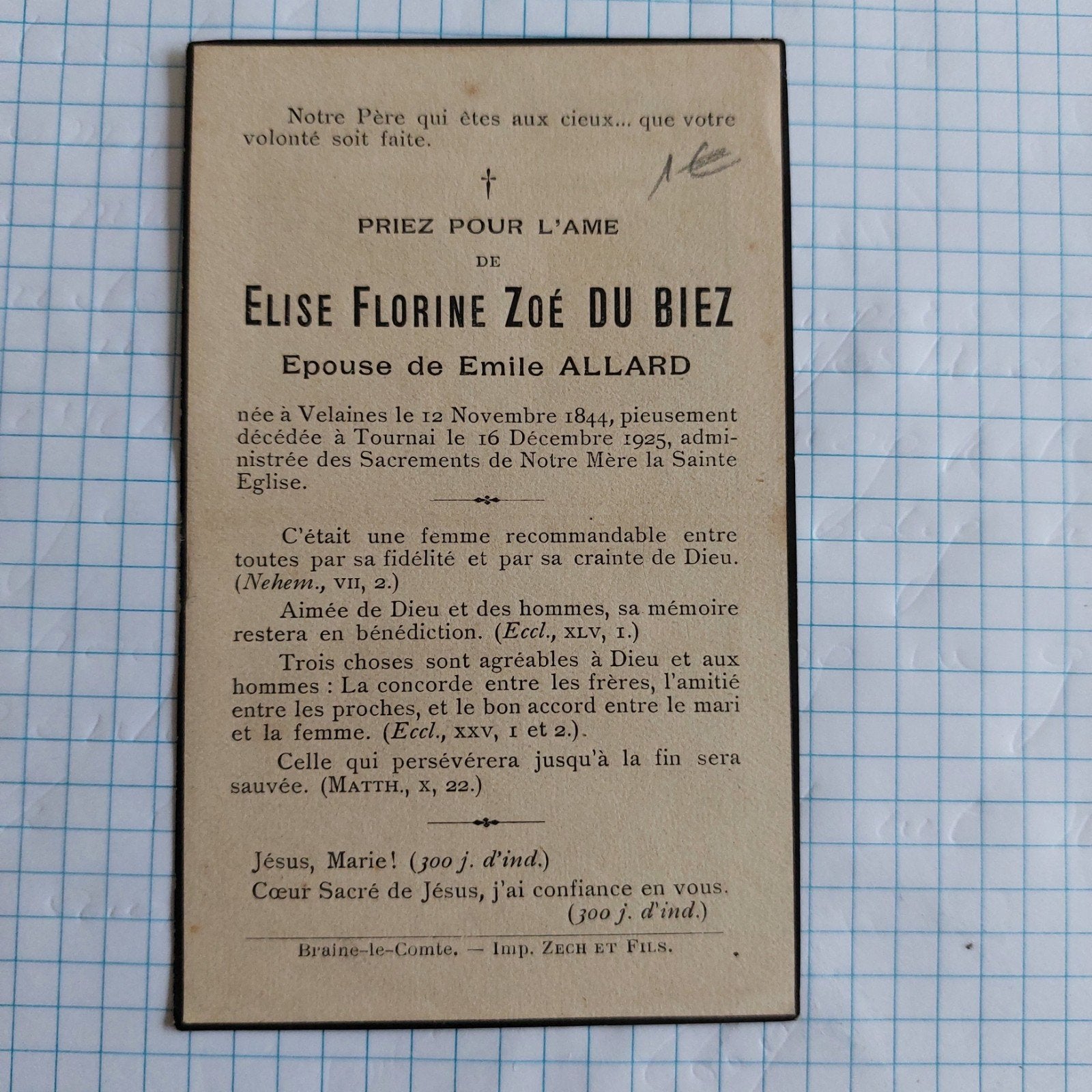 bidprentje Velaines - Tournai 1844-1925, Ophalen of Verzenden, Bidprentje