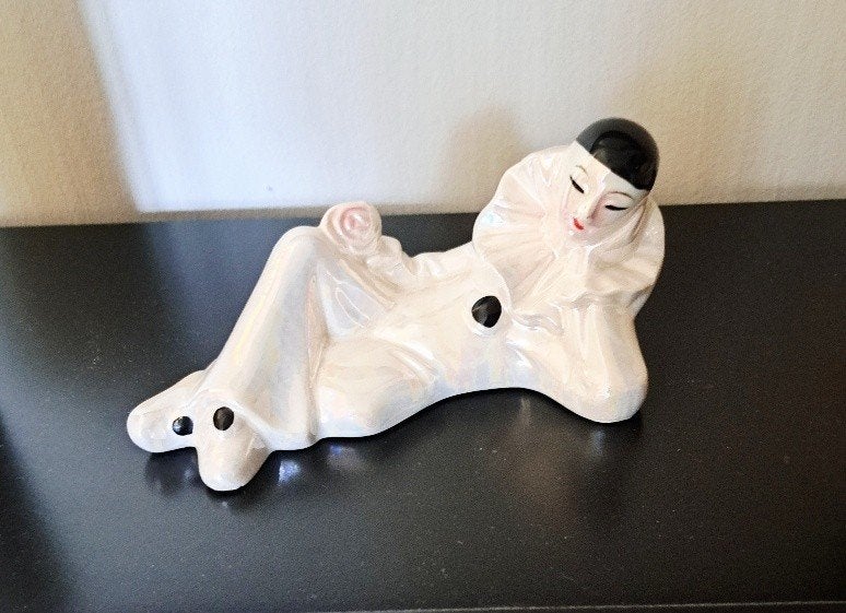 Vintage Pierrot beeldje - Keramiek parelmoer glans, 1975, Ophalen of Verzenden