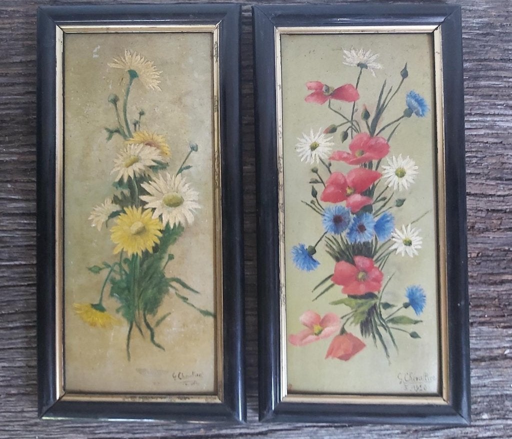 2 leuke vintage franse bloemen schilderijtjes op plaat 1950, Antiek en Kunst, Ophalen of Verzenden