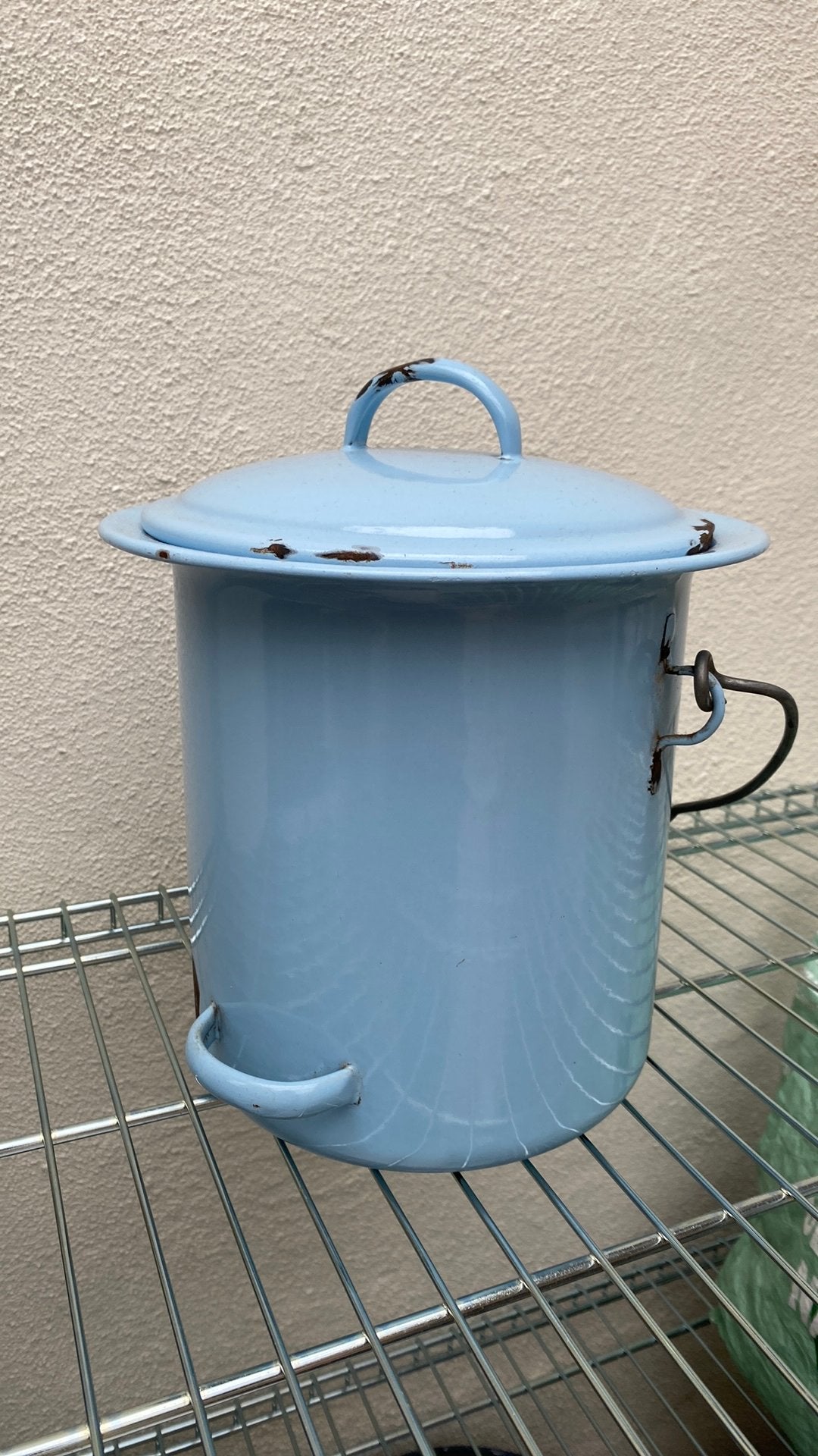 Pot met deksel in lichtblauw email, jaren vijftig, vintage, Ophalen, Gebruikt, Met deksel