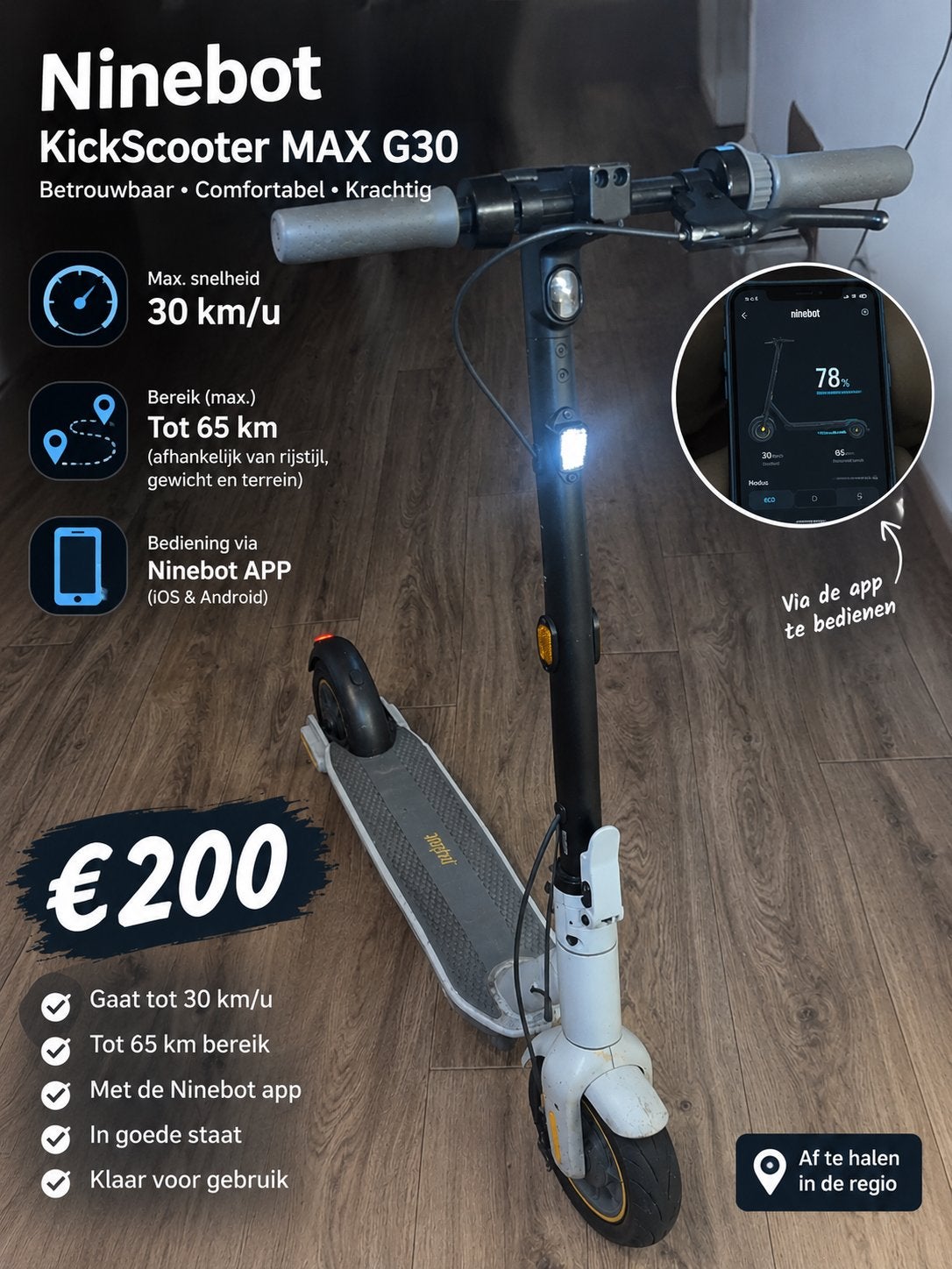 Ninebot KickScooter MAX G30 – 30 km/u – €200, Fietsen en Brommers, Ophalen of Verzenden, Zo goed als nieuw, Elektrische step (E-scooter)