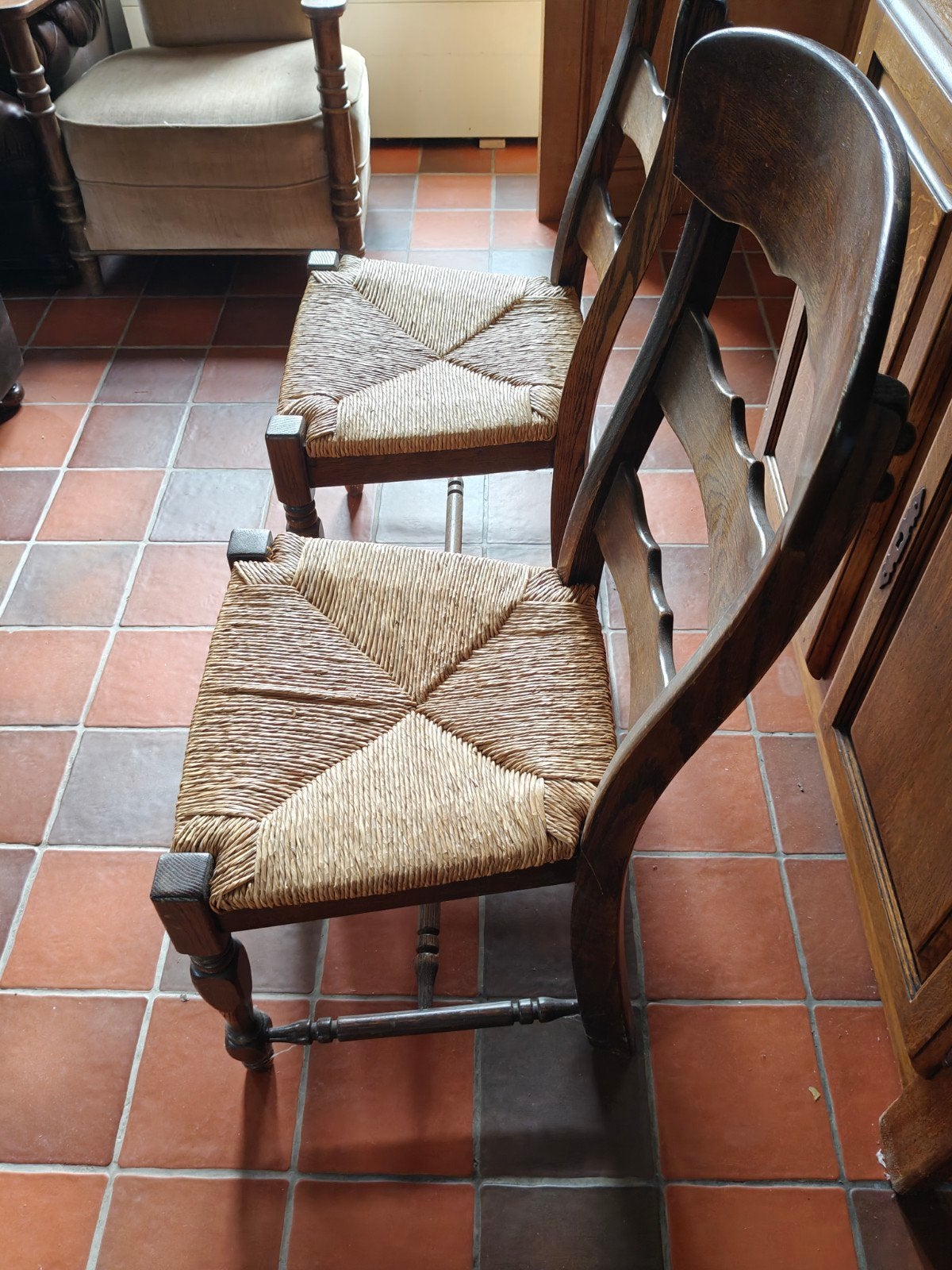 houten stoelen met rieten zitvlak 80€ per set, Antiek en Kunst, Ophalen