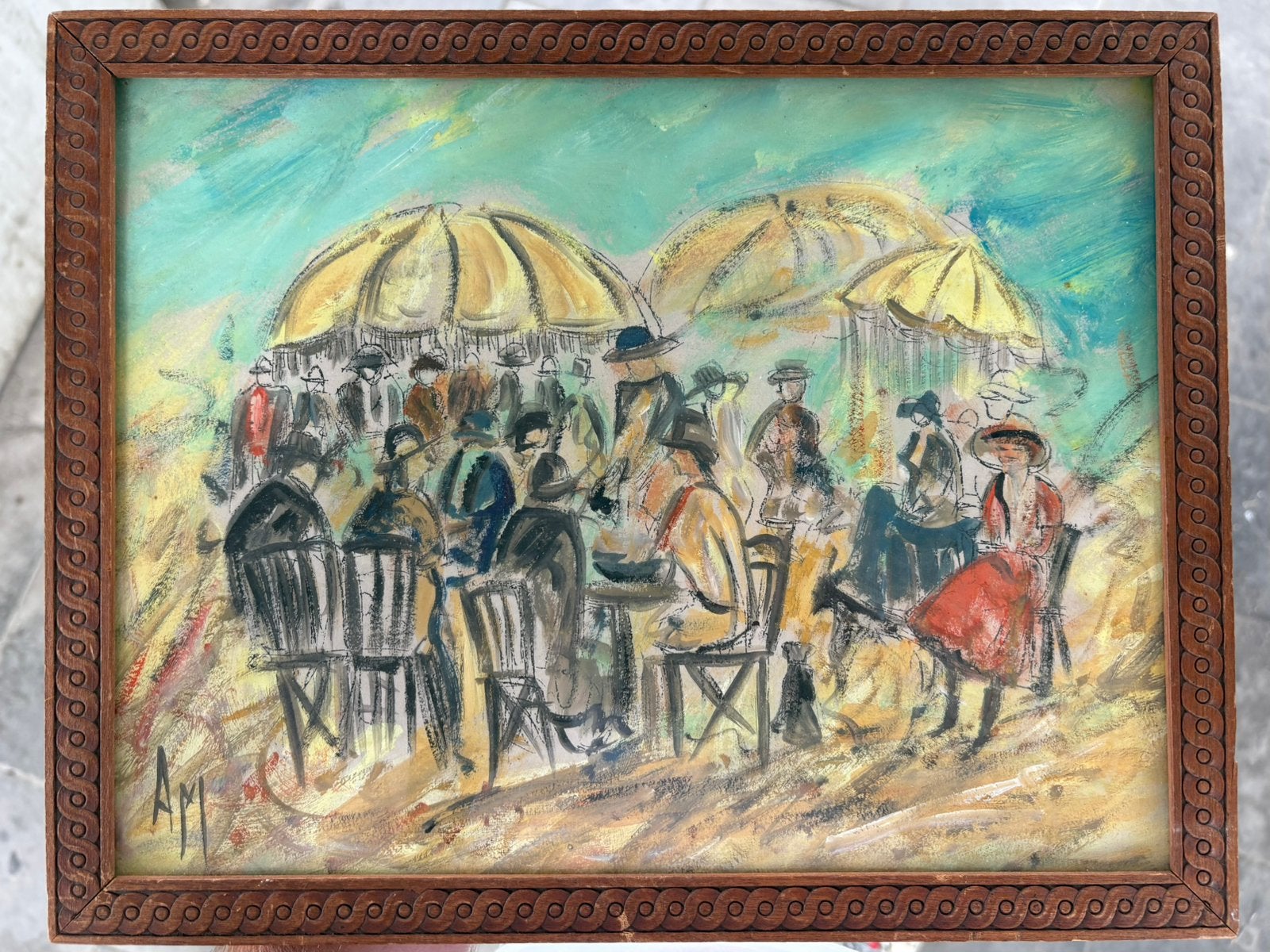 Peinture expressionniste vintage « Terrasse sous parasols », Enlèvement, Expressionniste, Encadré