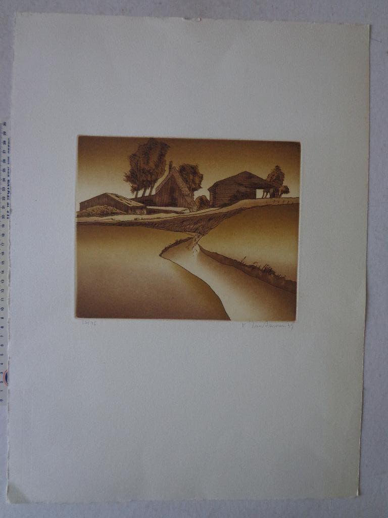 zeer gestyleerde ets "Landschap met beek" uit 1975, Ophalen of Verzenden, Gesigneerd, Landschap, 1950 - 1999