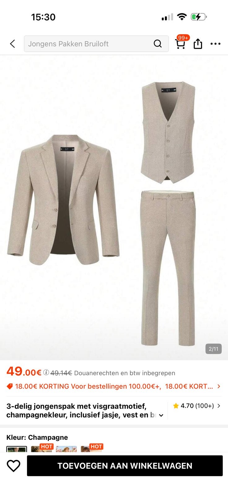 Kostuum 16 jaar+ gratis witte hemd en strik erbij!, Kleding | Heren, Ophalen, Nieuw, Maat 46 (S) of kleiner, Beige