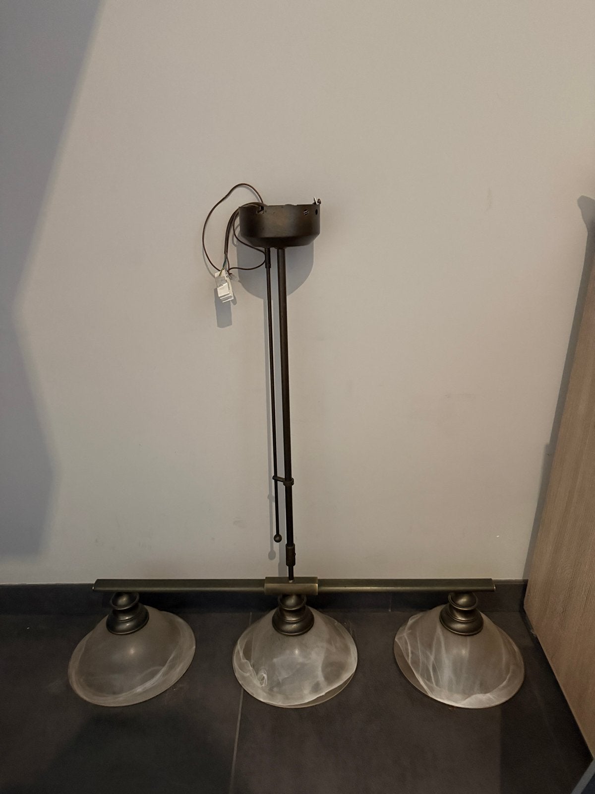Massive 3-Lichts Hanglamp – Oud-Brons & Glas, Ophalen, Zo goed als nieuw, Glas