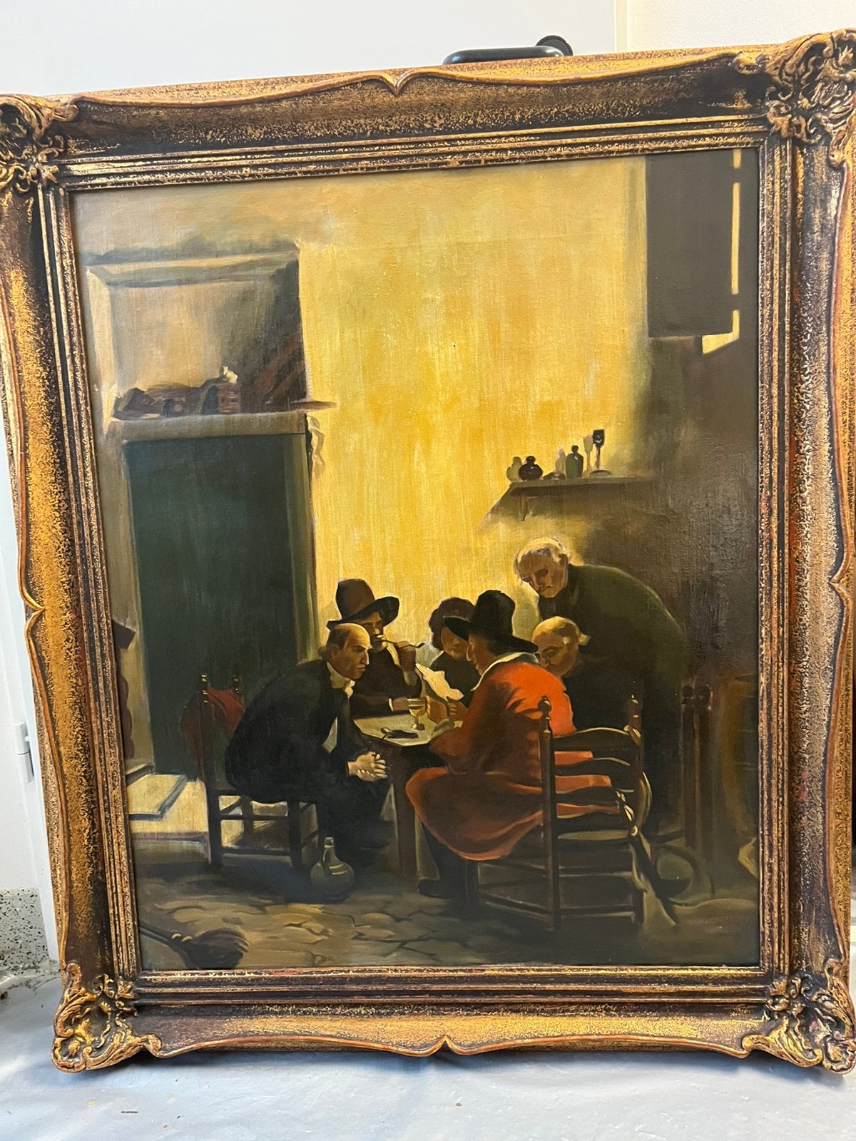 Olieverfschilderij genrescène met lijst – 89x105 cm, Antiquités & Art, Peint à la main, Portrait ou Personnes, Peinture à l'huile