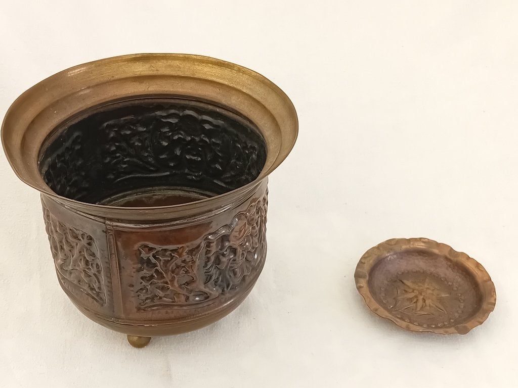 Koperen pot en asbak met mooi motief, Antiek en Kunst, Ophalen of Verzenden, Koper
