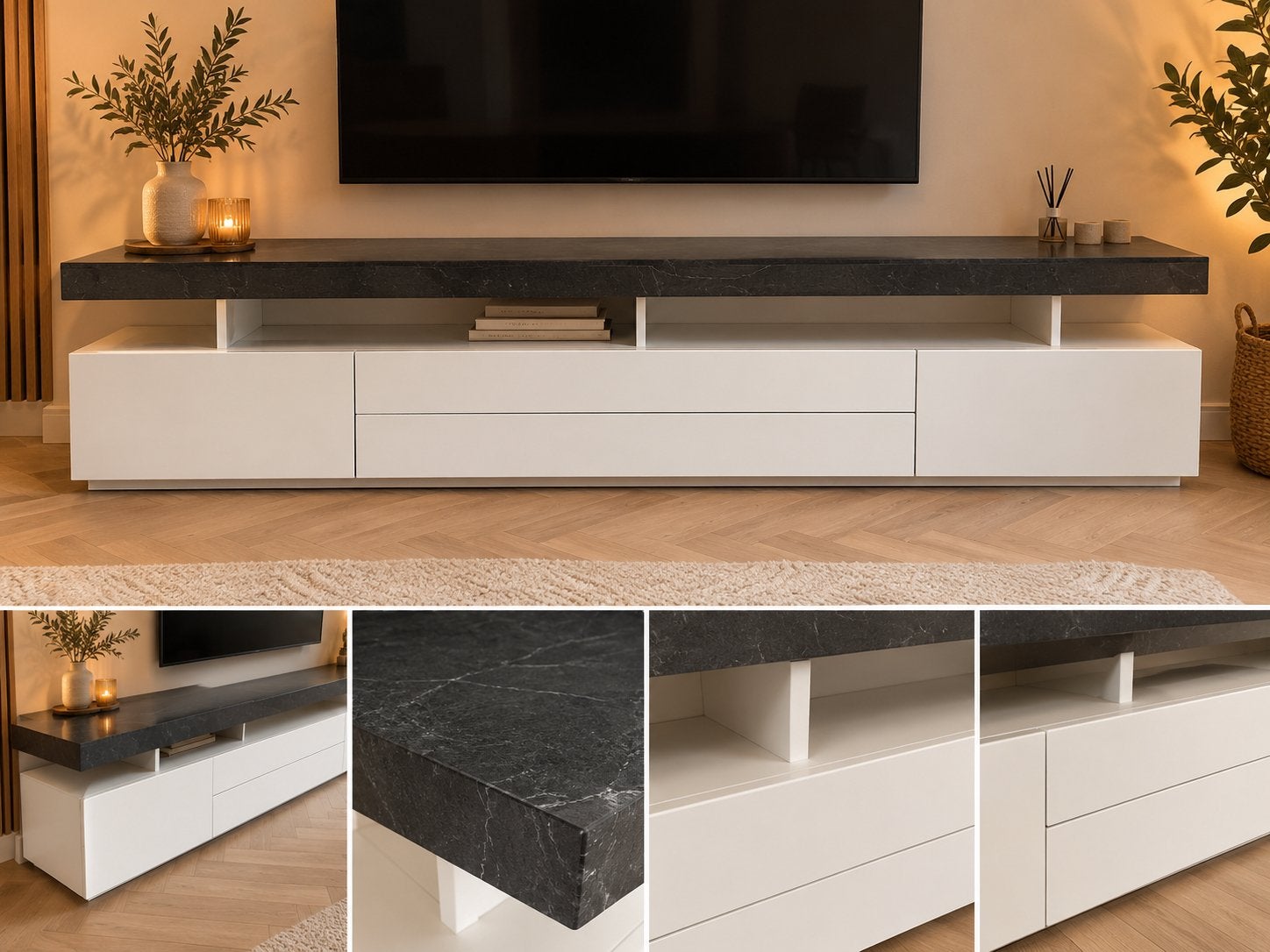Meuble TV blanc moderne avec dessus en pierre naturelle, 25 à 50 cm, Moins de 100 cm, 150 à 200 cm, Enlèvement