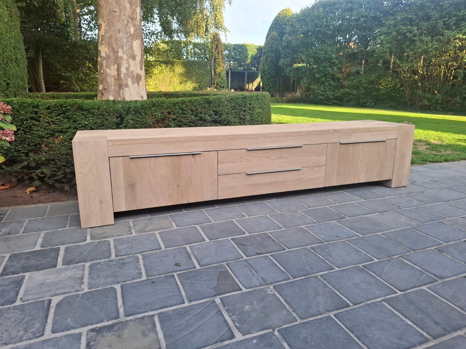 Volledig massief eiken tv meubel. Geluchtgomd., Ophalen of Verzenden