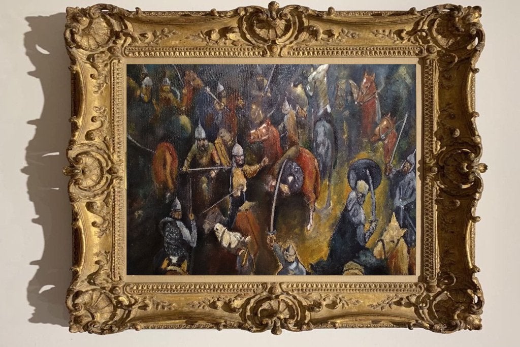 "De Laatste Slag" Schilderij, Antiek en Kunst, Impressionistisch, Olieverf, Handgeschilderd, Overige onderwerpen