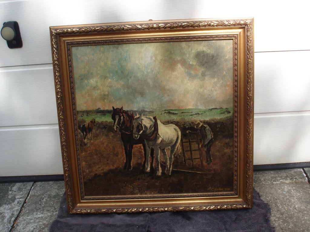 Boer ploegt met Paardenspan G KELLER Kalmthoutse Heide, Antiek en Kunst, Ophalen, Paneel, Oud hollands, Bijzondere lijst
