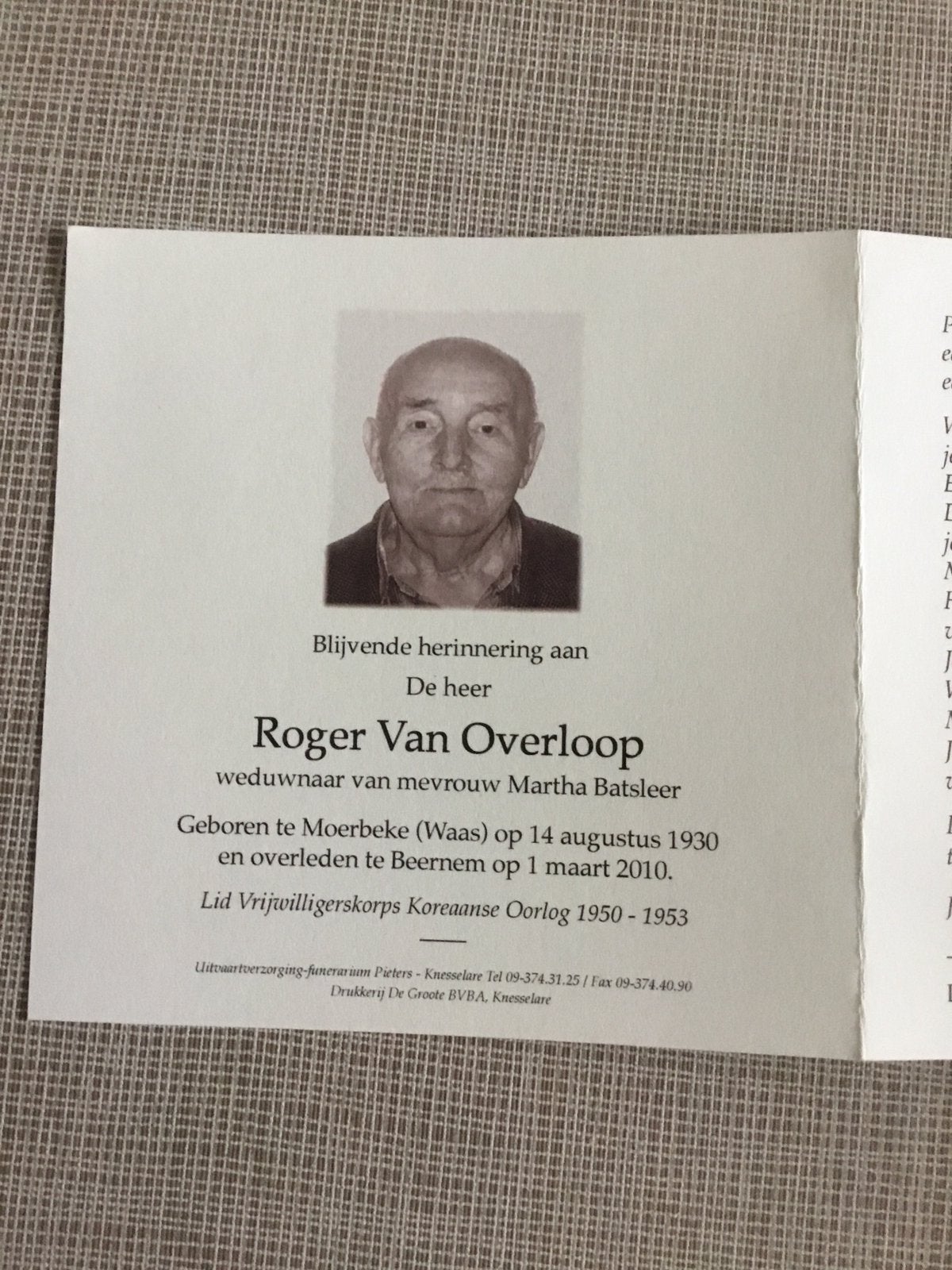Commandant para coréen Soldier Van Overloop Moerbeke Waas, Envoi, Image pieuse