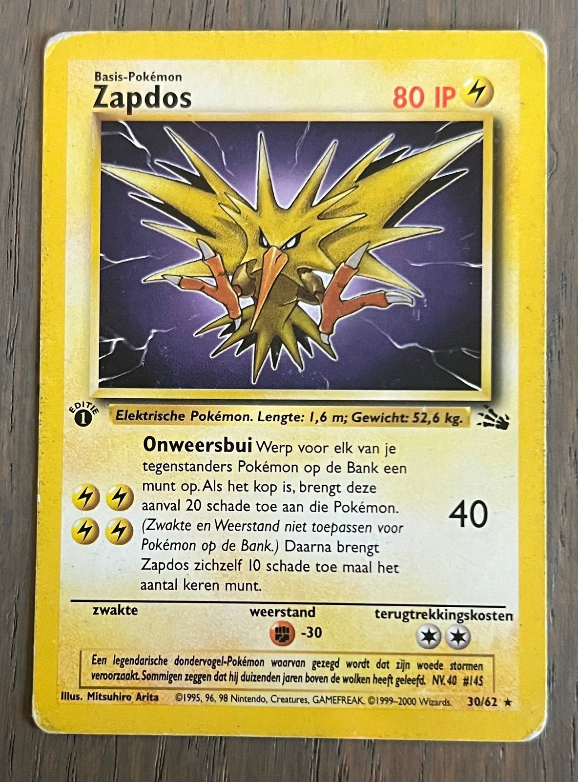 Pokémon Zapdos first editon Kaart - Basis-Pokémon 30/62, Verzenden, Zo goed als nieuw, Losse kaart, Foil