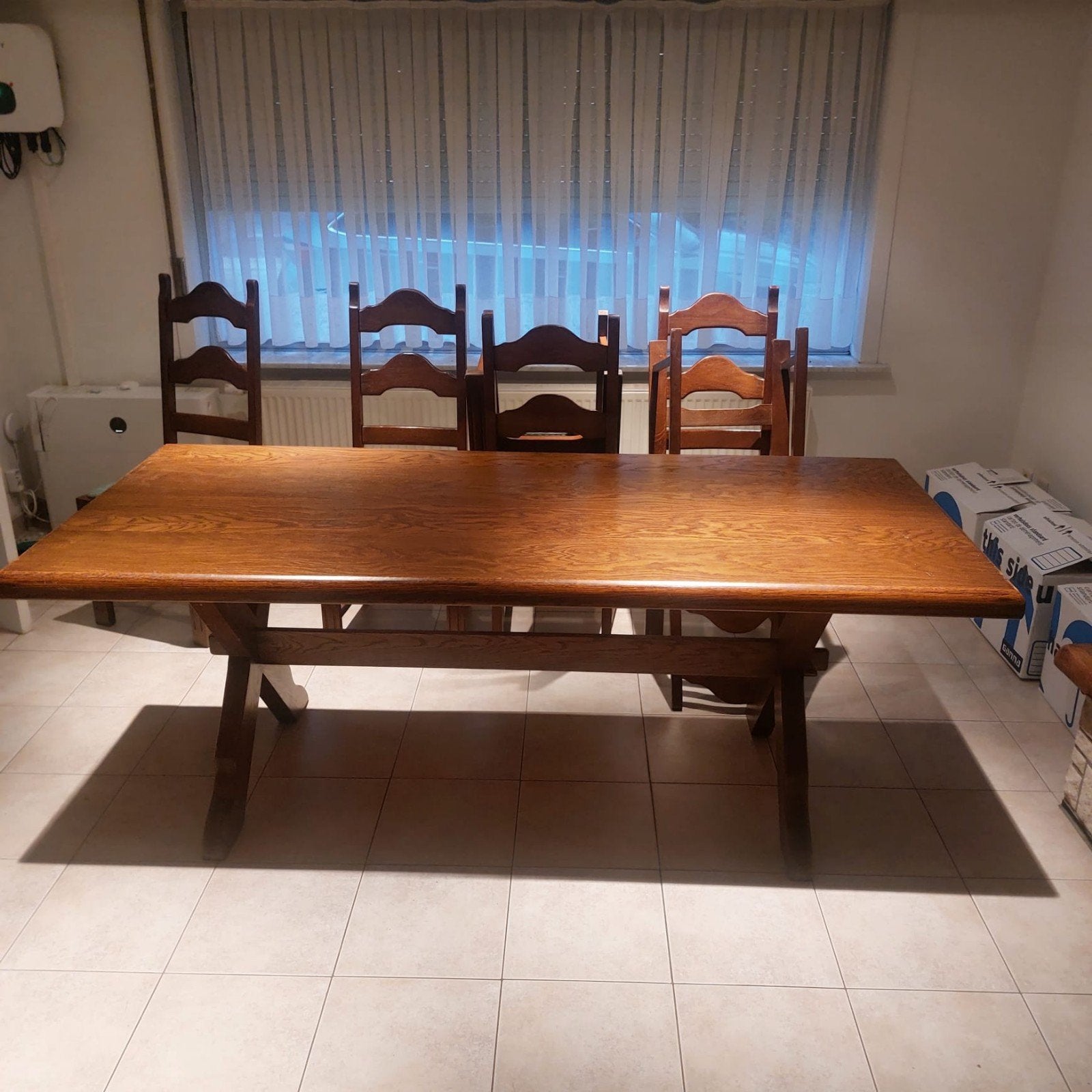 Eetkamer (tafel + zes stoelen), Ophalen, Gebruikt, Rechthoekig, Eikenhout