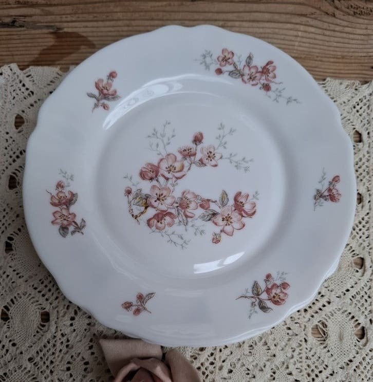 7 Vintage Franse Arcopal, Florentine,  bordjes, roze bloesem, Huis en Inrichting, Overige materialen, Gebruikt, -, Ophalen of Verzenden
