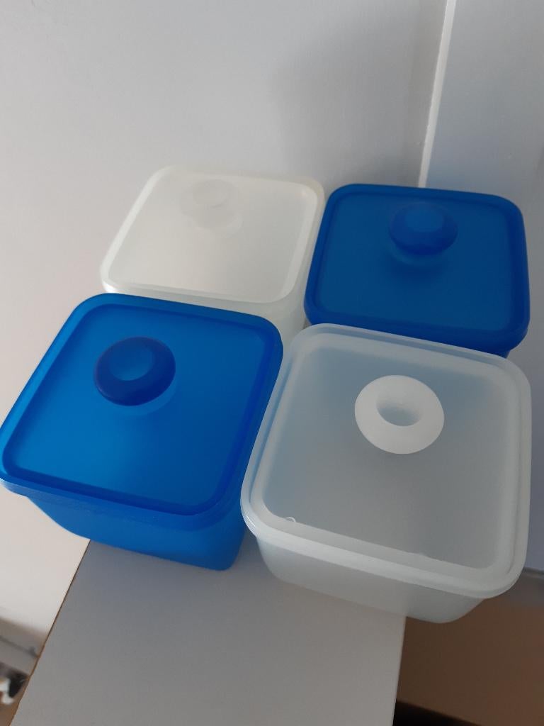 4x doosje / presenteerschaaltje met deksel , blauw + wit, Kunststof, Schaal, Vierkant, Ophalen of Verzenden