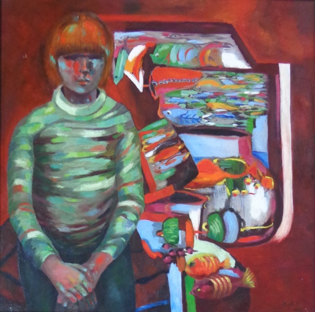 MARIETTE COCHUYT / KIND & VISSEN / OLIEVERF / 88x88cm KADER, Peinture à l'huile, Figures, Enlèvement, Signé