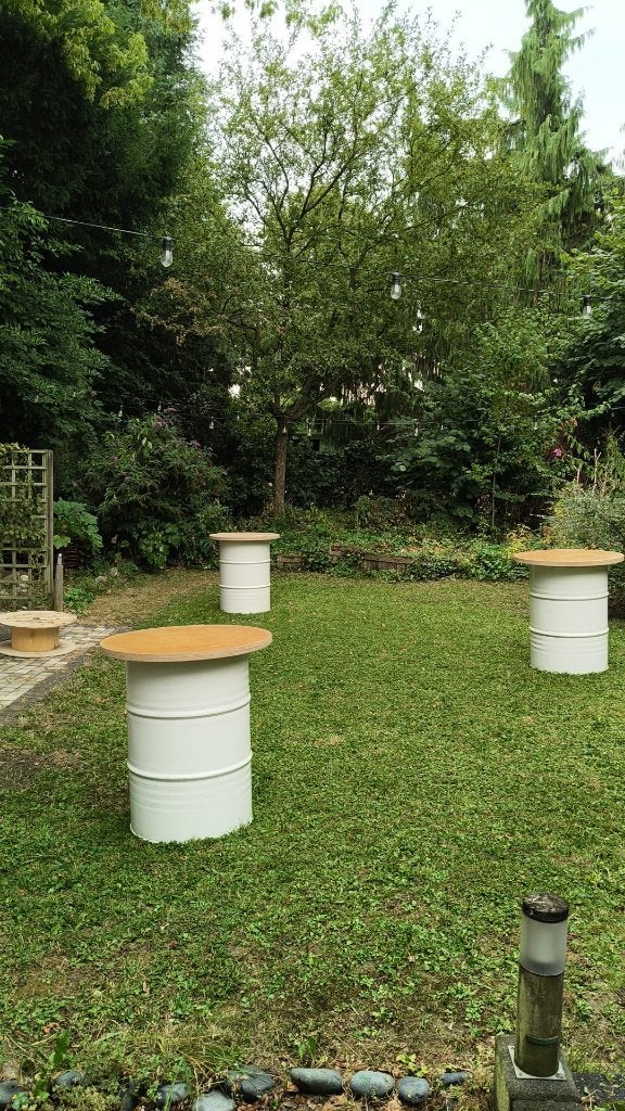 Olievat statafel 200L - Met houten blad- 80cm 5 stuks, Tuin en Terras, Tuintafels, Ophalen, Zo goed als nieuw, Rond, Overige materialen
